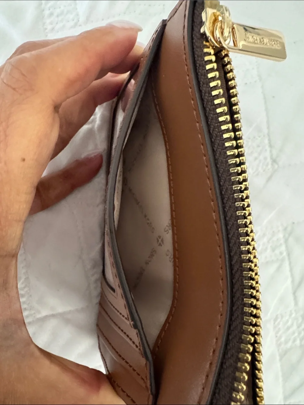 Michael Kors Brown Logo Zip Card Pouch with Gold Hardware